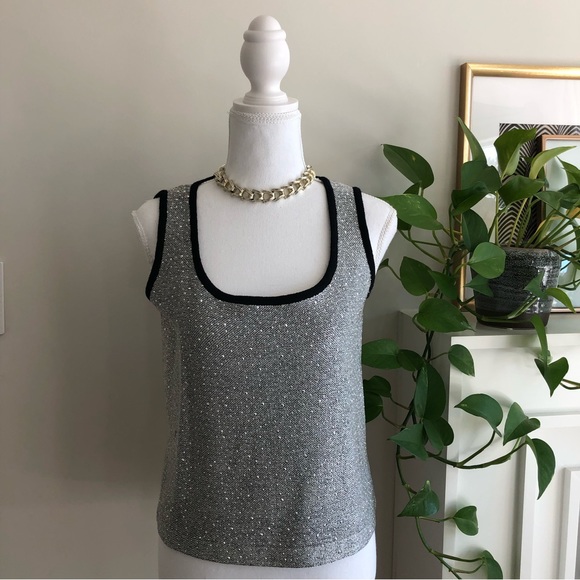 St. John Evening Sparkly Silver Shell Style Tank with Black Trim - Size P - Picture 10 of 11